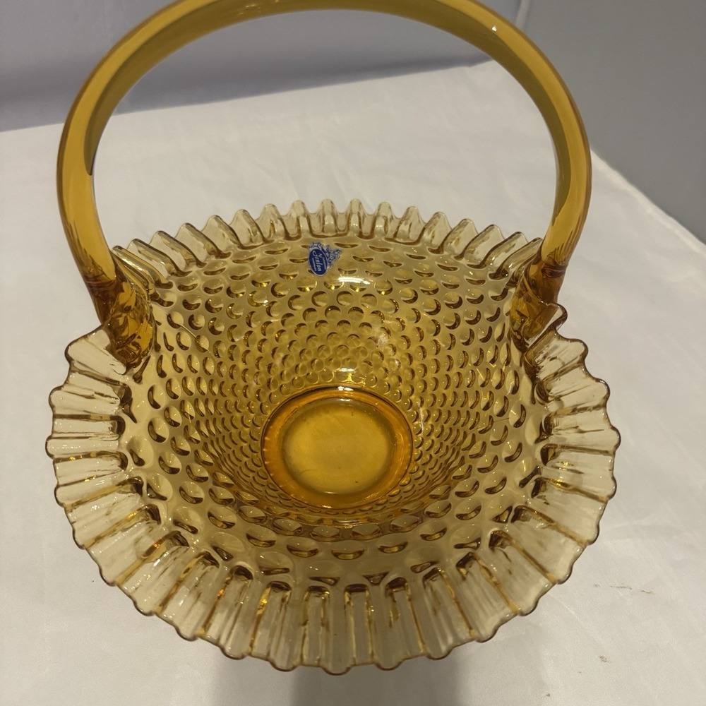 Vtg FENTON AMBER GLASS HOBNAIL RUFFLED EDGE BASKET CANDY DISH 9.5" Tall - Picture 12 of 13